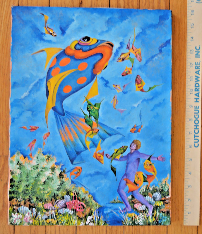 Original Signed Acrylic on Canvas Painting Art of Fish in water Nude Man 16×12-2