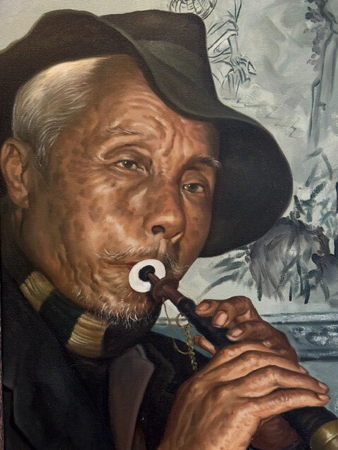 Chinese Signed MT. Tarng Original Oil Painting of a Man Playing Trumpet gallery
