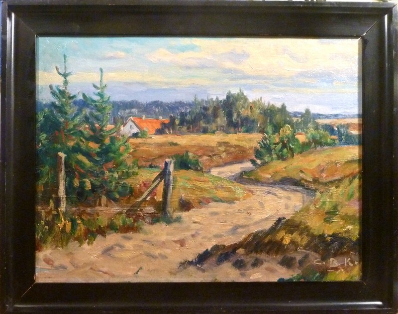 MONOGRAM SIGNED! SUMMER LANDSCAPE WITH FARMHOUSE