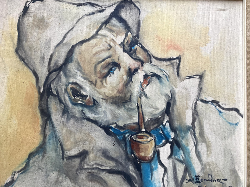Signed Oil Painting 1971 Of An Old Man With Pipe And Hat gallery