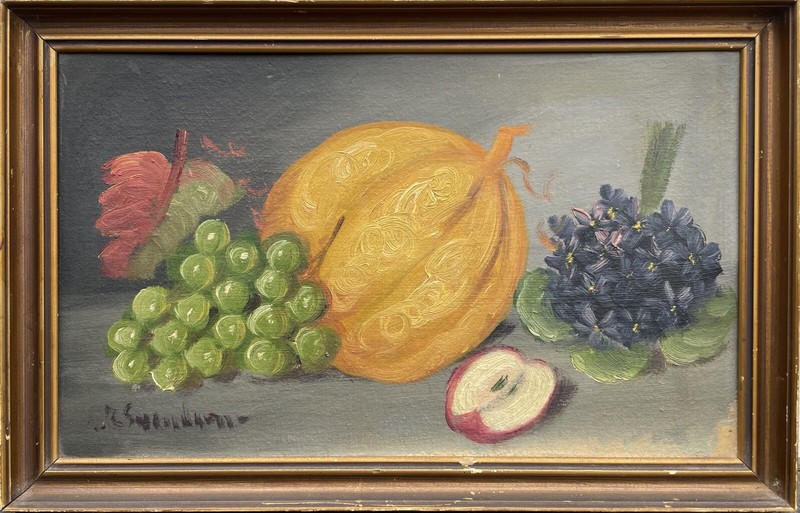 Unknown Painter Still Life with Flowers Violet Pumpkin Grapes Apple 35x22cm