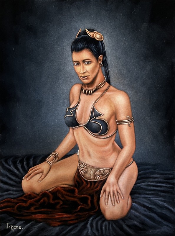 Star wars Princess Leia Slave Outfit black velvet oil painting art.