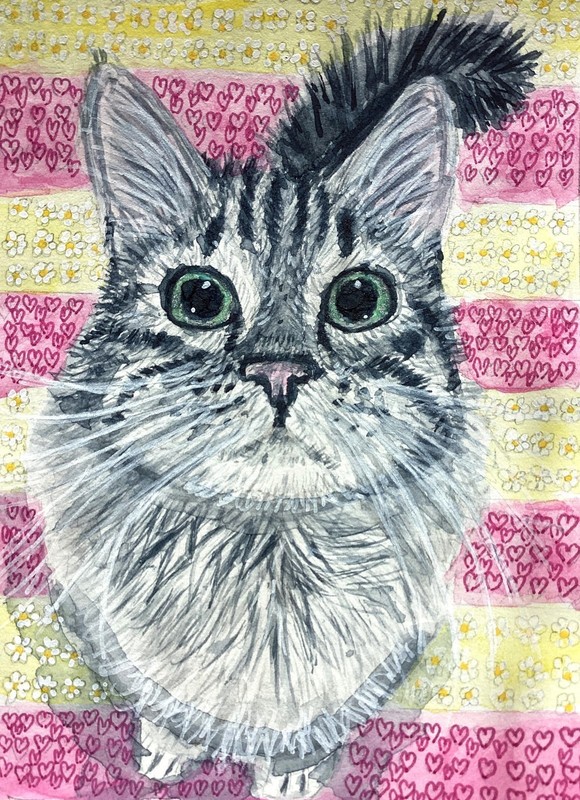 silly tabby kitten cat blue painting double ACEO 3.5 by 5 inches