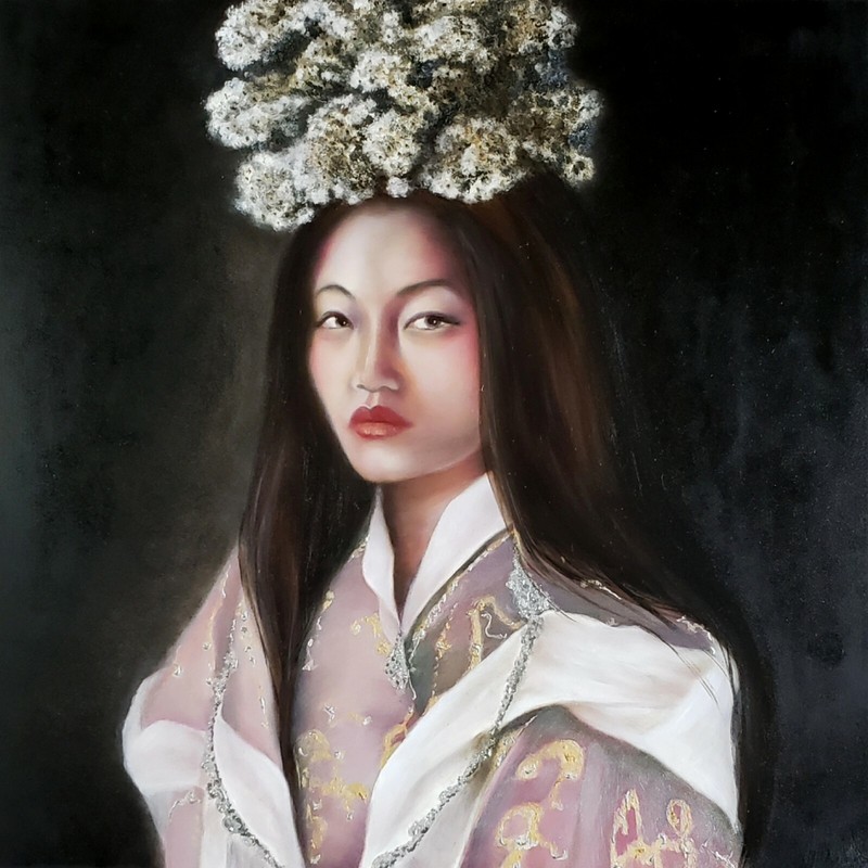 Original Oil Painting of Beautiful Woman from Bhutan Asian Photorealistic World
