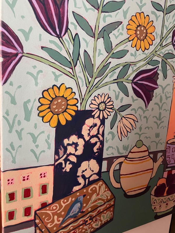 Large Original Maria Avila Whimsical Still Life Acrylic Painting 12x20 Canvas gallery