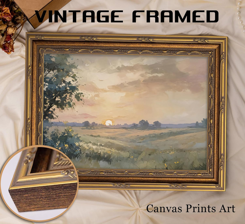 Vintage Gold Framed Wall Art Retro Fall Sunset Country Oil Painting Canvas Print gallery