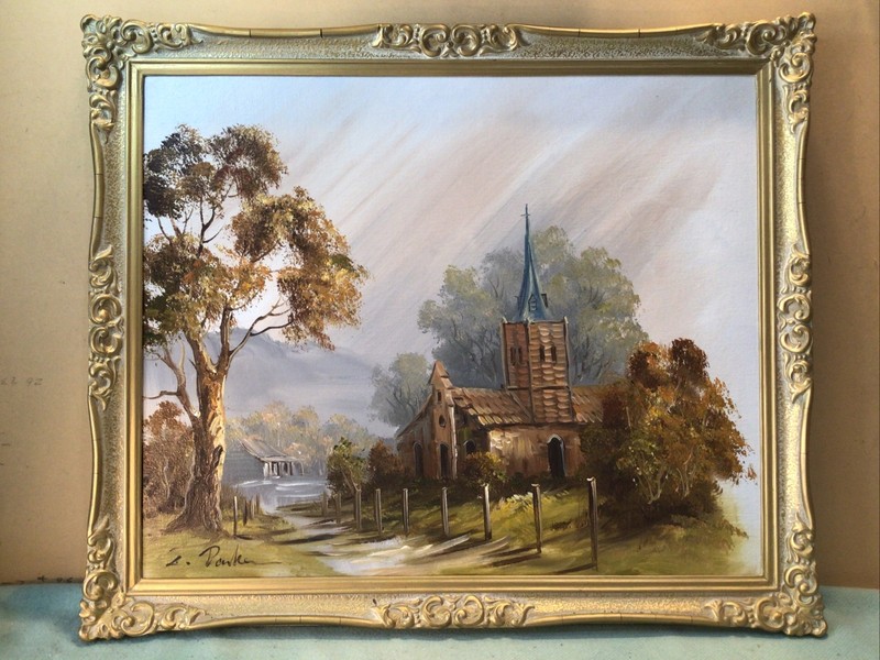 L Parker A Country Church Framed Oil Painting
