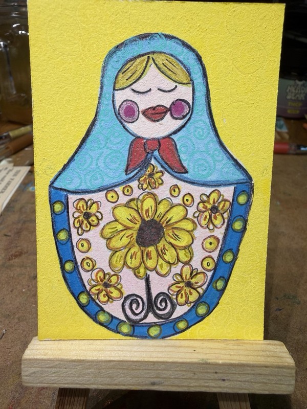 ACEO Original, Signed, Russian Nesting Doll, Yellow Artist; one anxious Lady