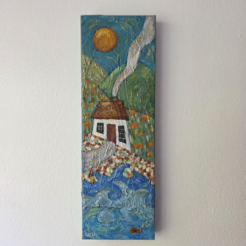 Folk Art ORIGINAL Canvas House Home Landscape Sun Sea Fish Waves Meadow Hills