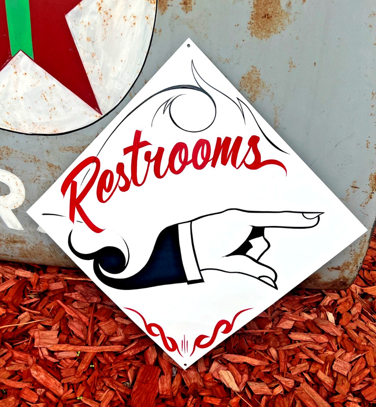 VTG Original by Hotrodsigns HAND PAINTED Pointing Finger Enter RESTROOMS SIGN