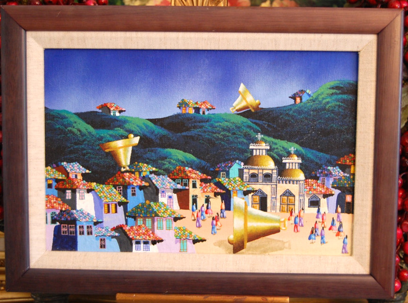 OOAK MARCO ALQUINGA CONTEMPORARY SURREALISM BELLS VILLAGE LANDSCAPE FOLK ART OIL
