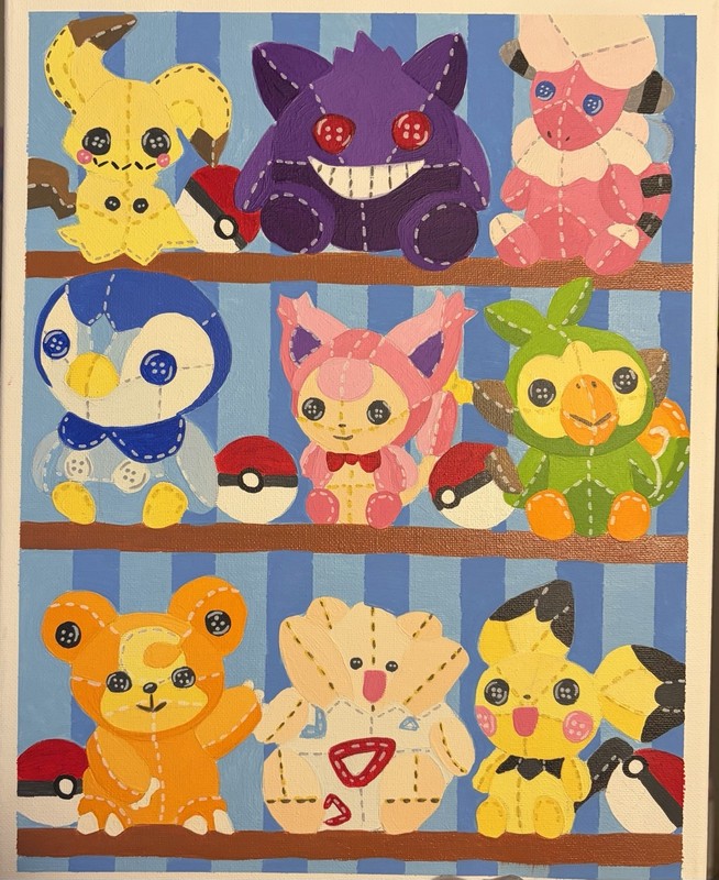 Original Art 11×14 Canvas Pokemon Plushies Hand Painted Acrylic Poke Ooak