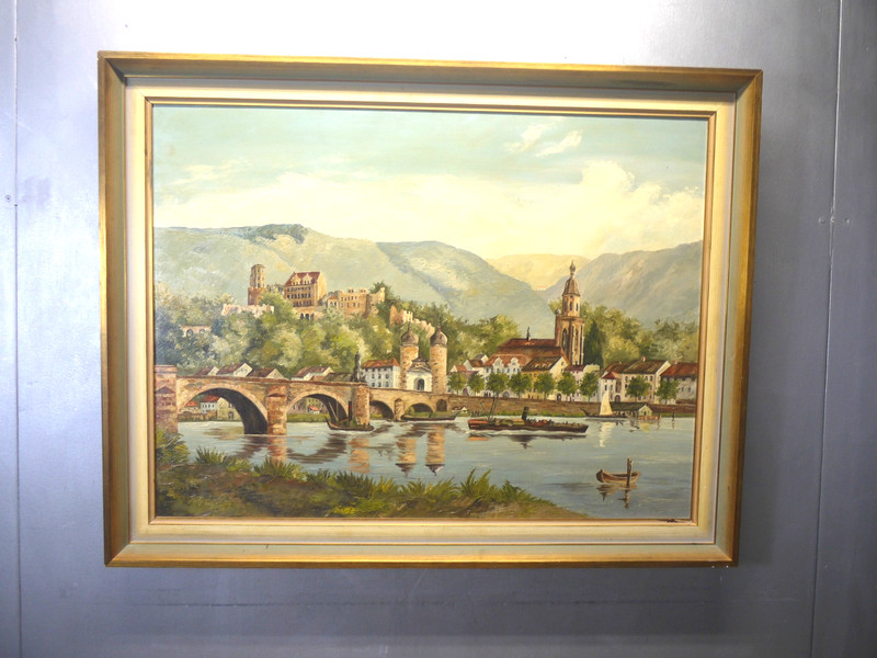 1960 German Landscape Heidelberg Bridge CASTLE Oil PAINTING Signed Kretschmar ? gallery