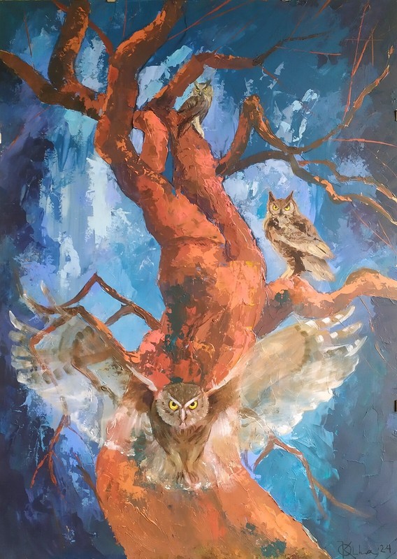 Acrylic original painting on panel handmade landscape with a red tree and owls