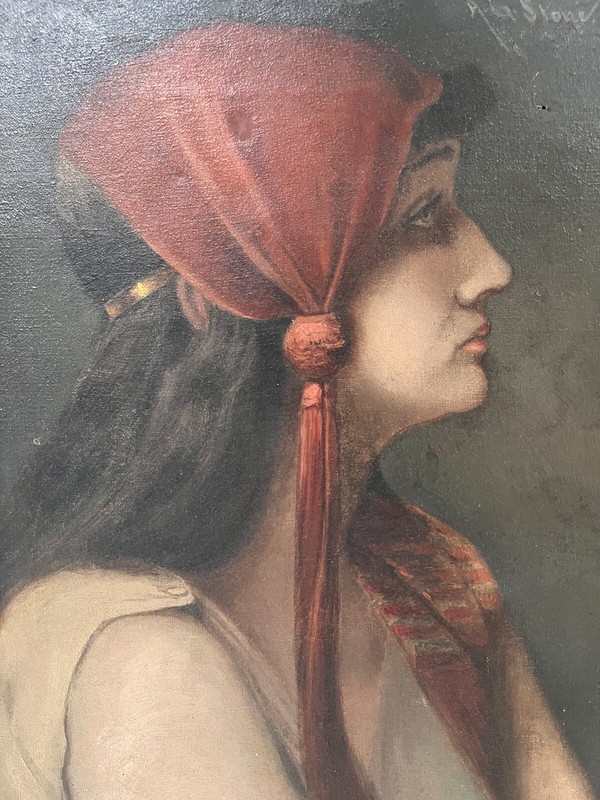 A.G. Stone Oil Painting Profile portrait woman in head scarf Signed and dated
