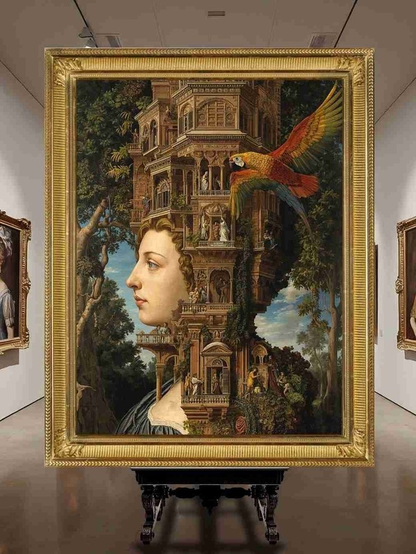 A work of art on canvas, a woman in architecture and ornamentation 55 x 73cm