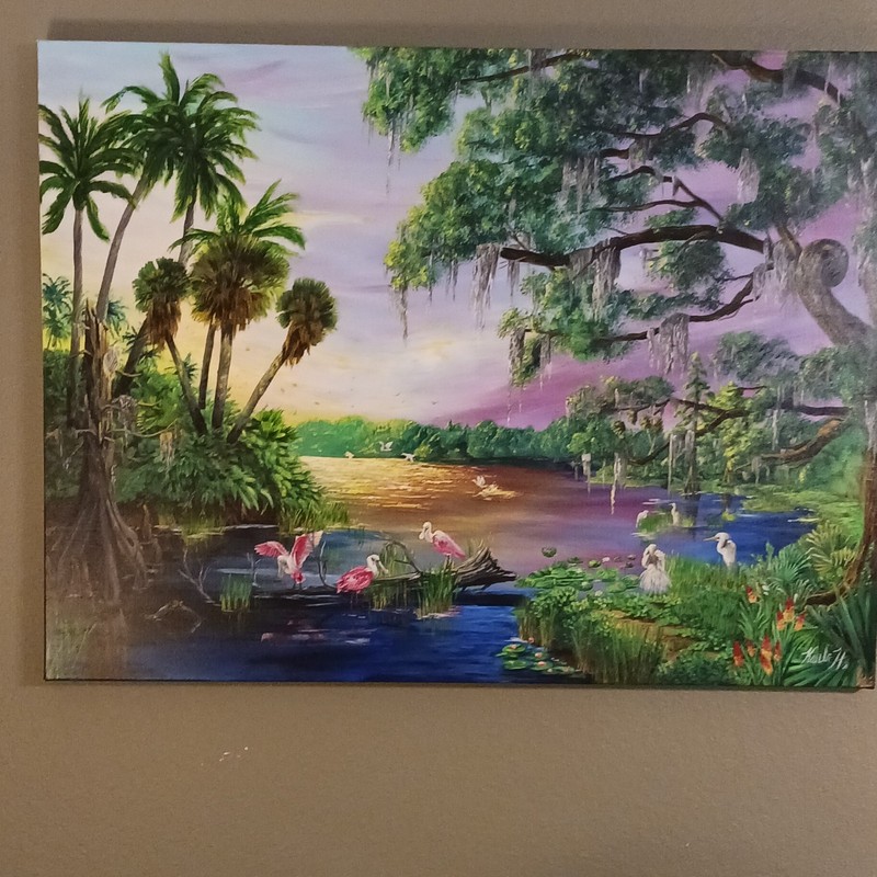 Karla Hall 40×30 ‘Landscape with Birds’ Signed Original Acrylic Painting
