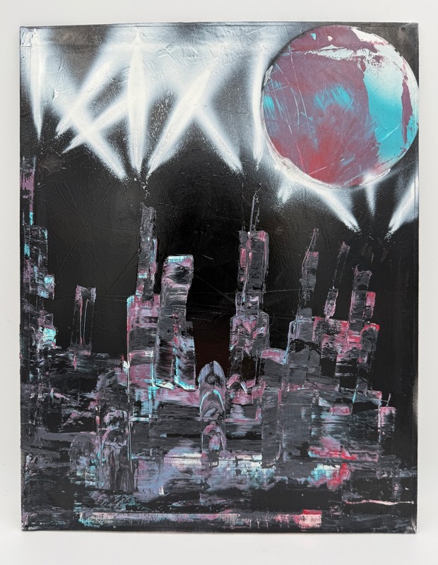 Crimson Nocturne Revelation – Abstract Cosmic City Skyline Original Painting