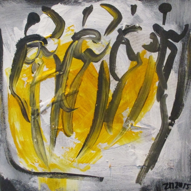 Women dance yellow 30×30 collage canvas picture orig sign acrylic/LW ZM art milling