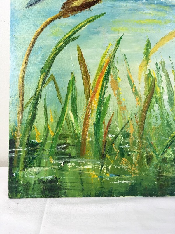 16 x 20 Oil Painting Kingfisher Bird w Fish Stream Cattails Trees Clouds signed gallery