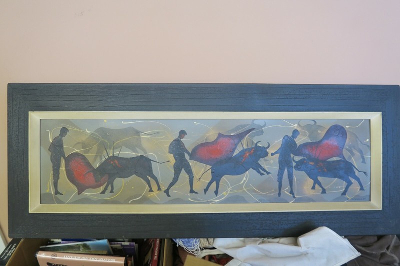 SIGNED EDGAR STARECK 1959 BULLFIGHT COWS OIL ON BOARD PAINTING 11.5″ x 39.5″