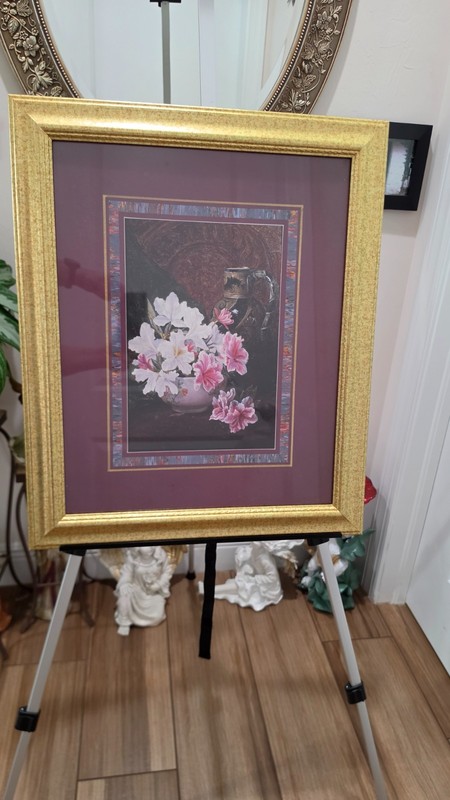 Flowers on a Pedestal in 19″ X 23″ Gold Frame