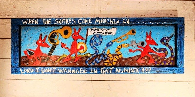 John Sperry Southern Primitive Religious Folk Art Devils & Snakes Painting 16X48 gallery