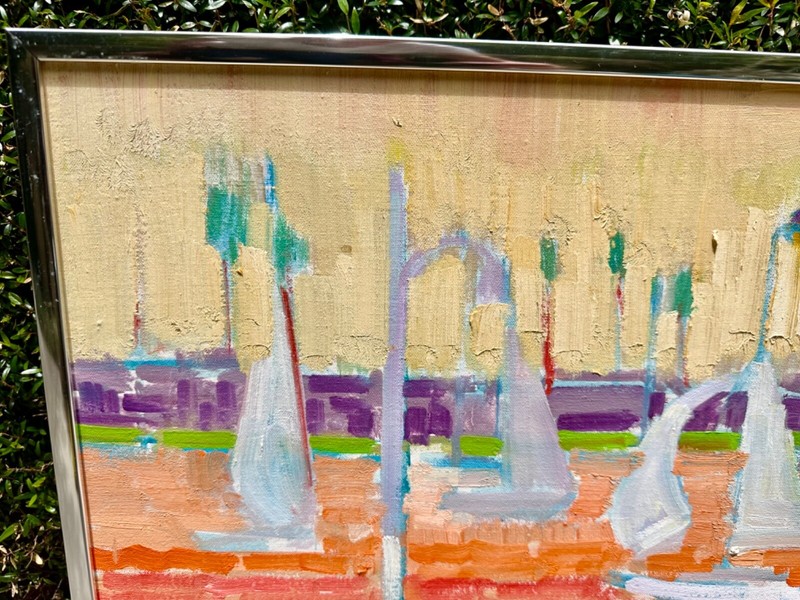 Listed Artist Vincent Farrell Impressionist Oil Painting Sailboats Dock Harbor gallery
