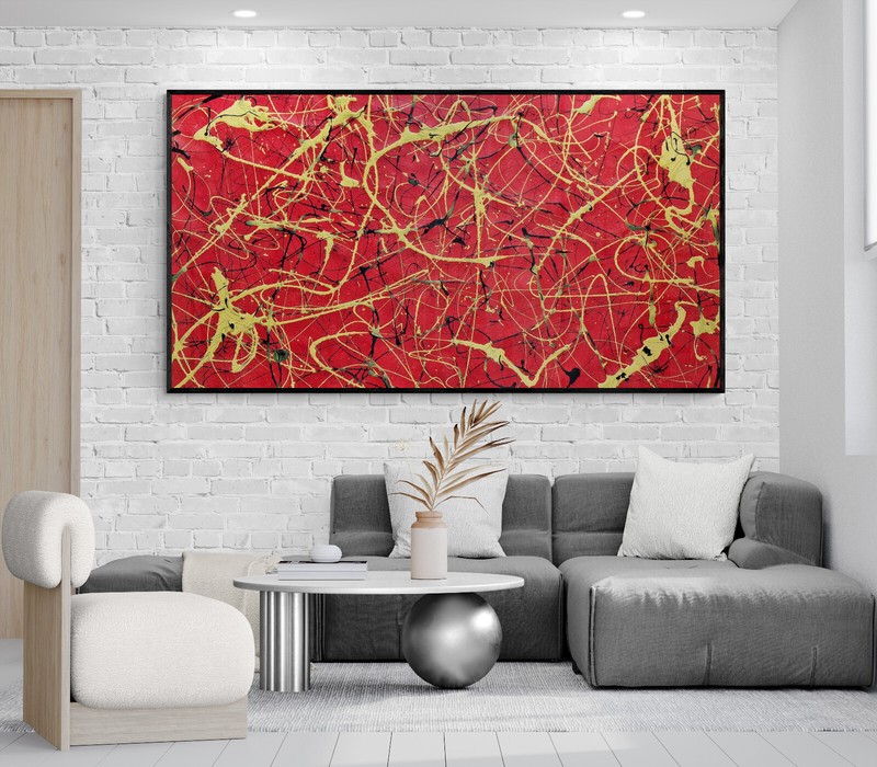 XXL Jackson Pollock Style Red & Yellow Abstract Art Textured Painting 78x39 in gallery