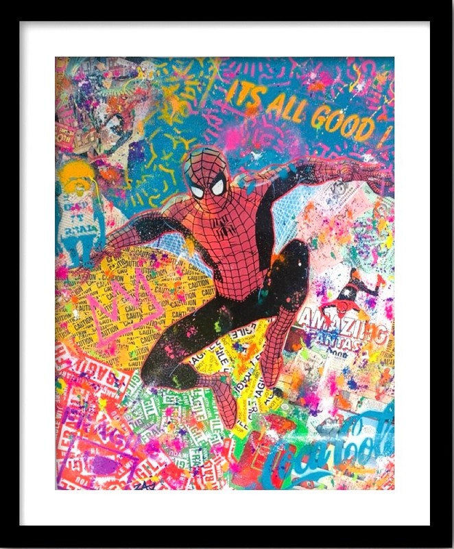 E M ZAX «SPIDERMAN» 1/1 MIXED MEDIA WITH ACRLIC ON PAPER HAND SIGNED FRAMED COA