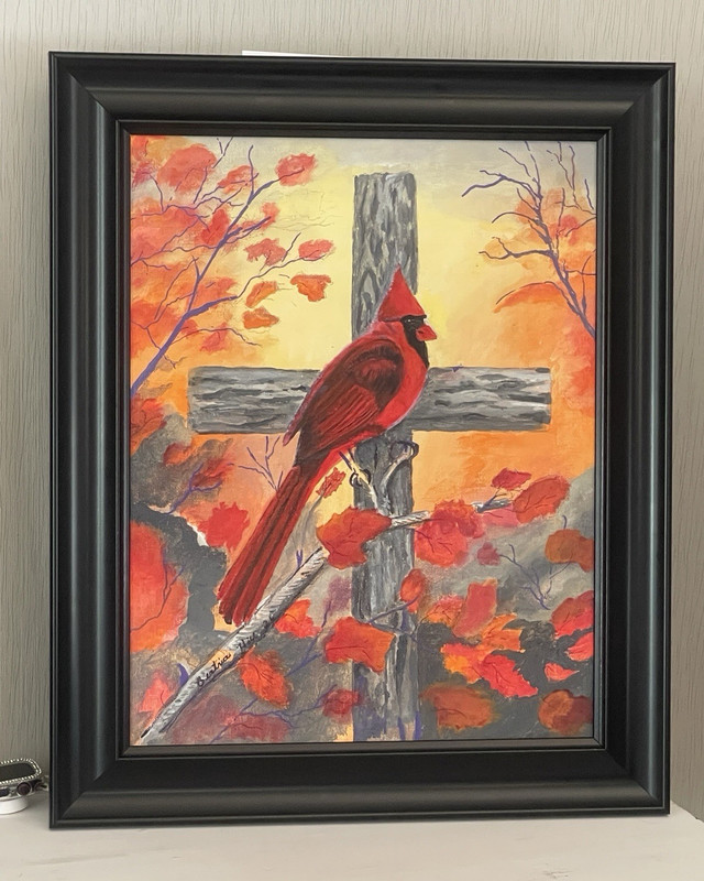 Signed 11×14 hand painted Cardinal on cross Painting on Canvas, unframed