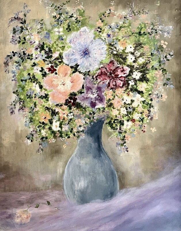 Vintage Impressionist Floral Still Life Painting, Pastel Flowers in Blue Vase gallery