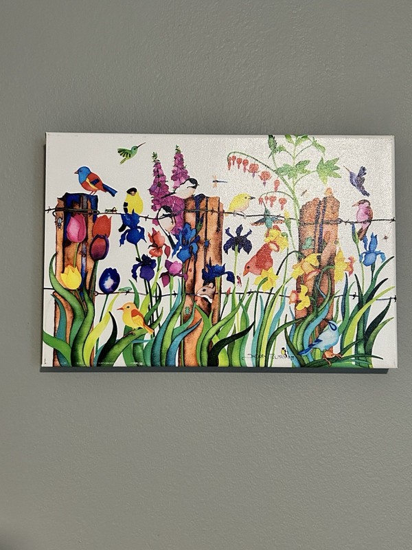 Sherry Tolman Signed Birds on Fence Posts Canvas Print Hummingbird Flowers 1999 gallery