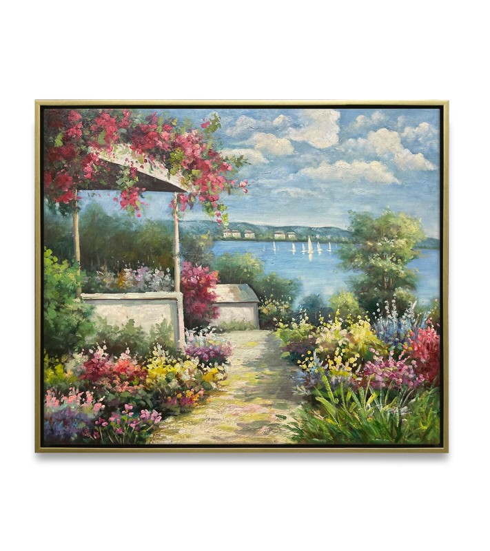 Hungryartist -Original Painting of Seaside Garden View on Canvas 20×24 Framed
