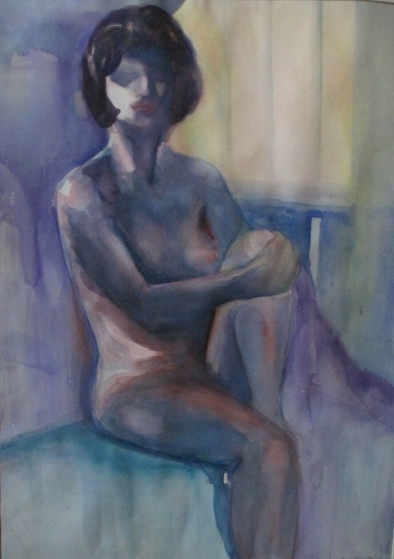 Gene Fisher Kosich Exhibit Label Watercolor Vintage Female Figure Blue Large