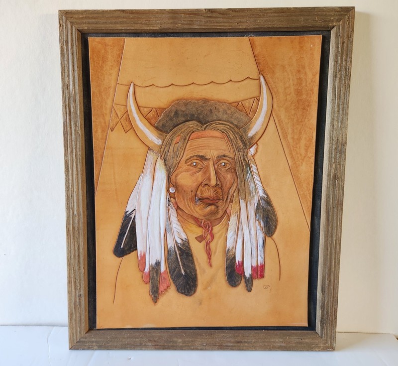 Hand-Crafted Painted Native American Indian Tooled Leather Artwork Signed «JP»