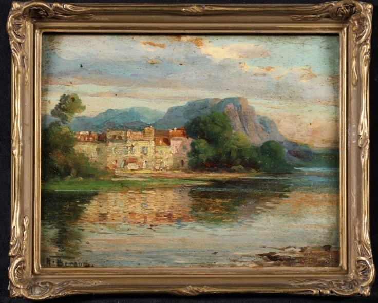 "VILLAGE BY A RIVER" ANTOINE BOUVARD SNR (1870-1955) SIGNED OIL PANEL gallery