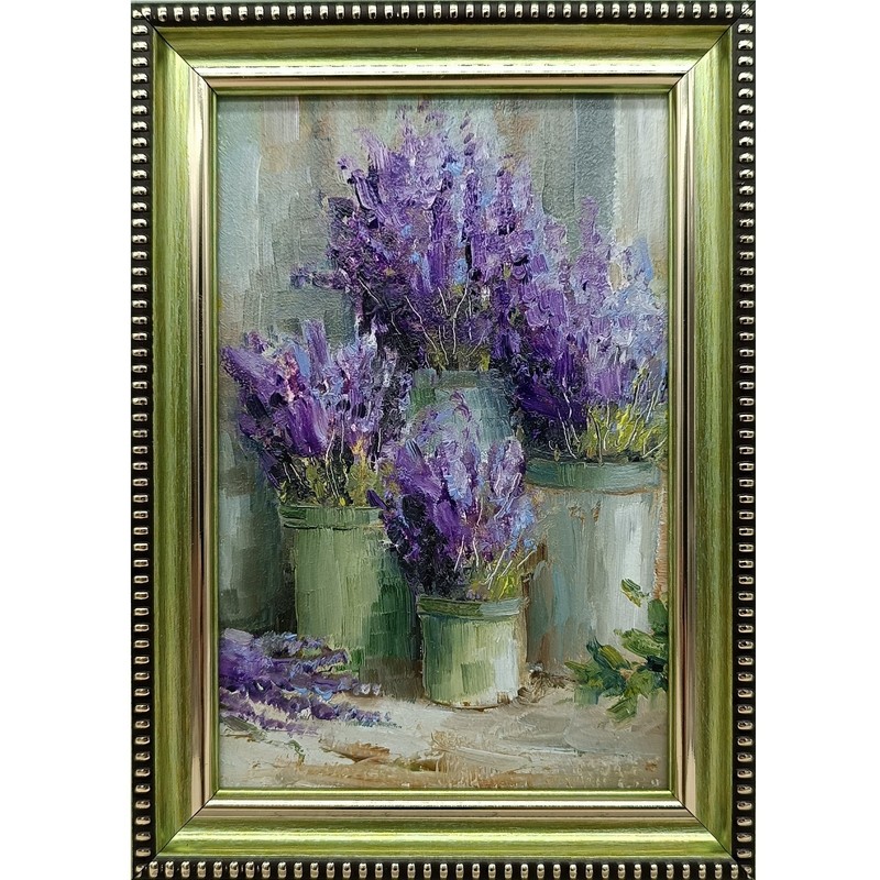 Lavender Original Oil Painting 4×6 Framed Signed Floral Still Life Flowers Art
