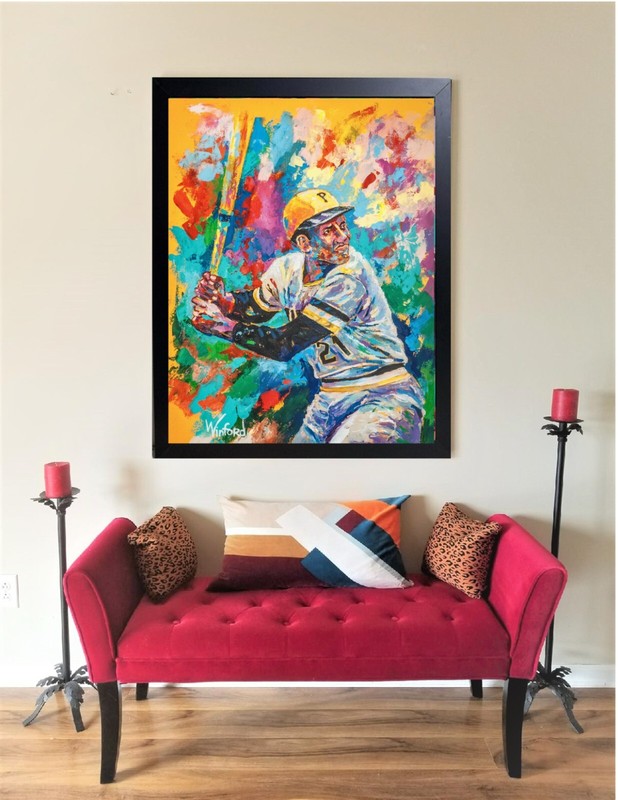 Sale Roberto Clemente, Handmade Acrylic Painting 36"H X 24"W $1,995 NOW $495 gallery
