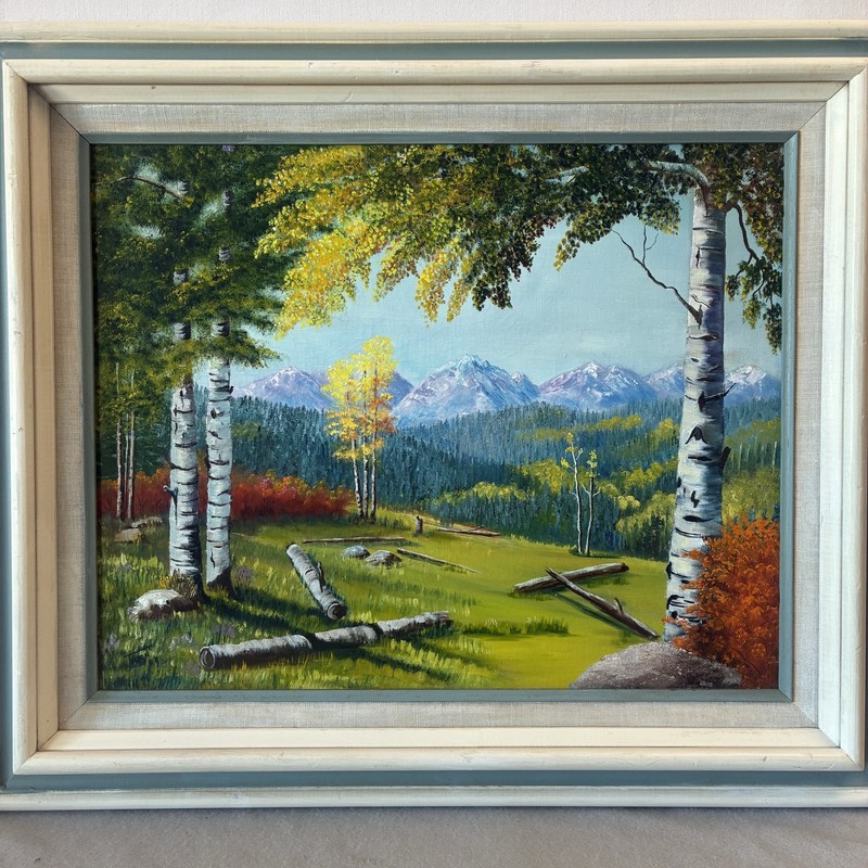Original Oil Painting Aspen Trees Mountain Landscape Signed Ticen Framed 26×22