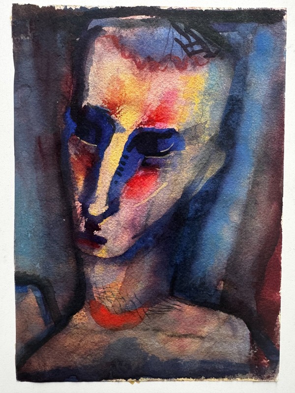 Pair (2) Vintage 1920s German Expressionist Watercolor Portraits Man Woman 7x10 gallery