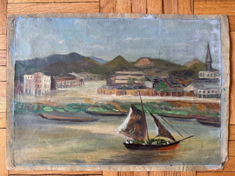 Vintage 1950 Oil on Canvas Landscape Boats Harbor Ecuador 21x15 Jean Schweckler