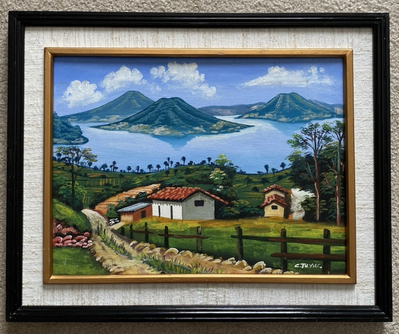 C Tuyuc Lake Atitlan Guatemala Coastal Volcano Signed Oil Painting 21×17 Vintage