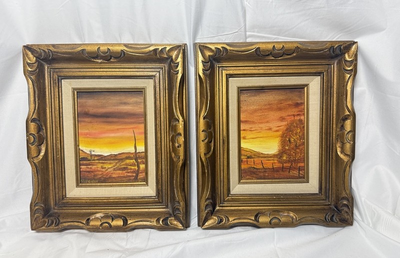 Art Print Set Signed Western Sunset Landscape 13×11 Framed
