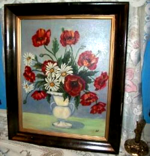 Cottagecore Oil Painting Poppies Daisies 1940s Stylized Flowers Signed J Hall
