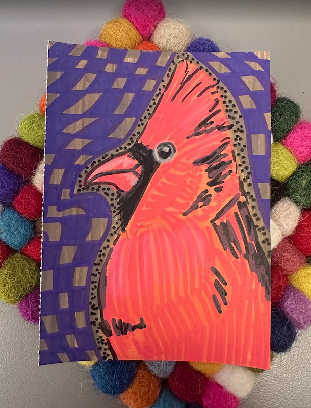 ACEO original art card Illinois State Bird Northern Cardinal (13/50) red, fly