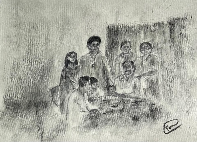 Original South Asian Family Charcoal Vintage Monochrome Art Signed by Artist