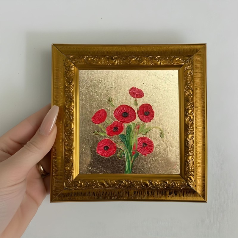 Red Poppies Oil Painting, Small Framed Wall Art, Unique Christmas Gift