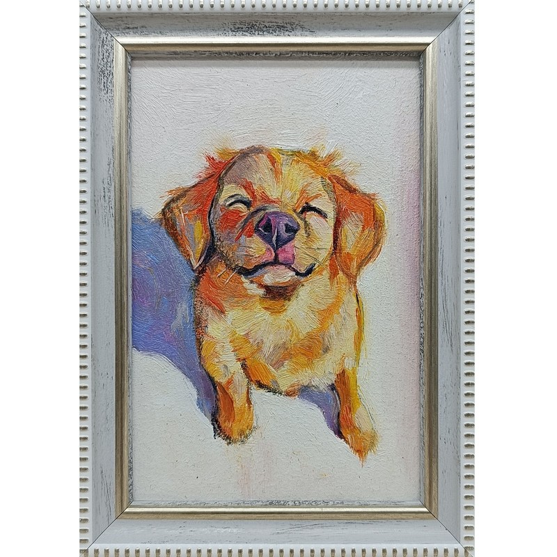 Original Oil Painting Dog Portrait Signed Framed Artwork 6×4 in