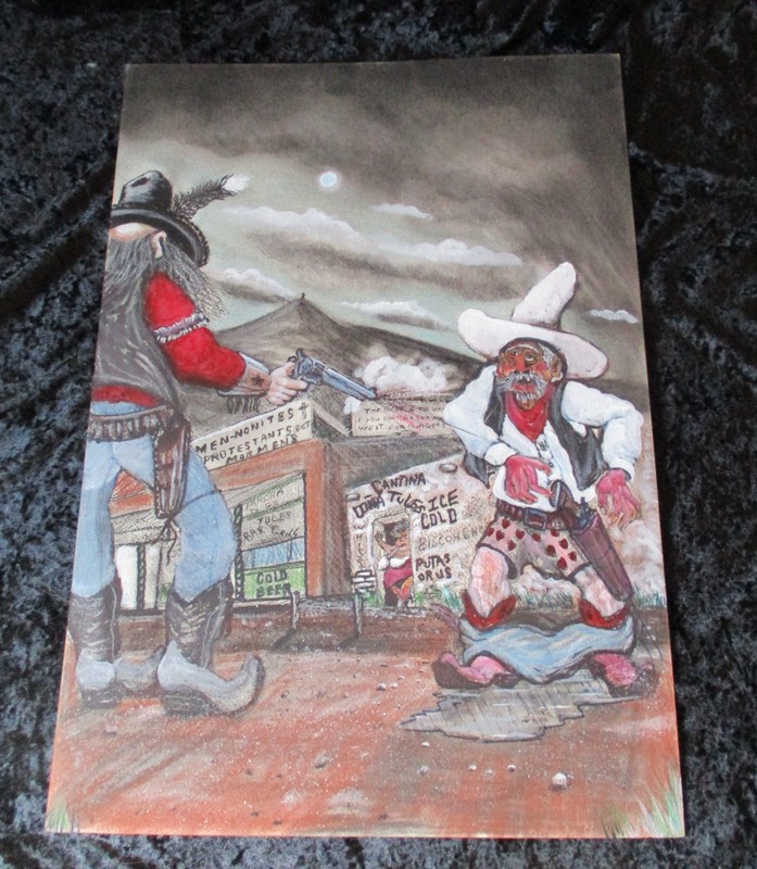 «Gun Fight for Dona Tules (Big Ass)» Comedic Gouache Painting by David J Pino